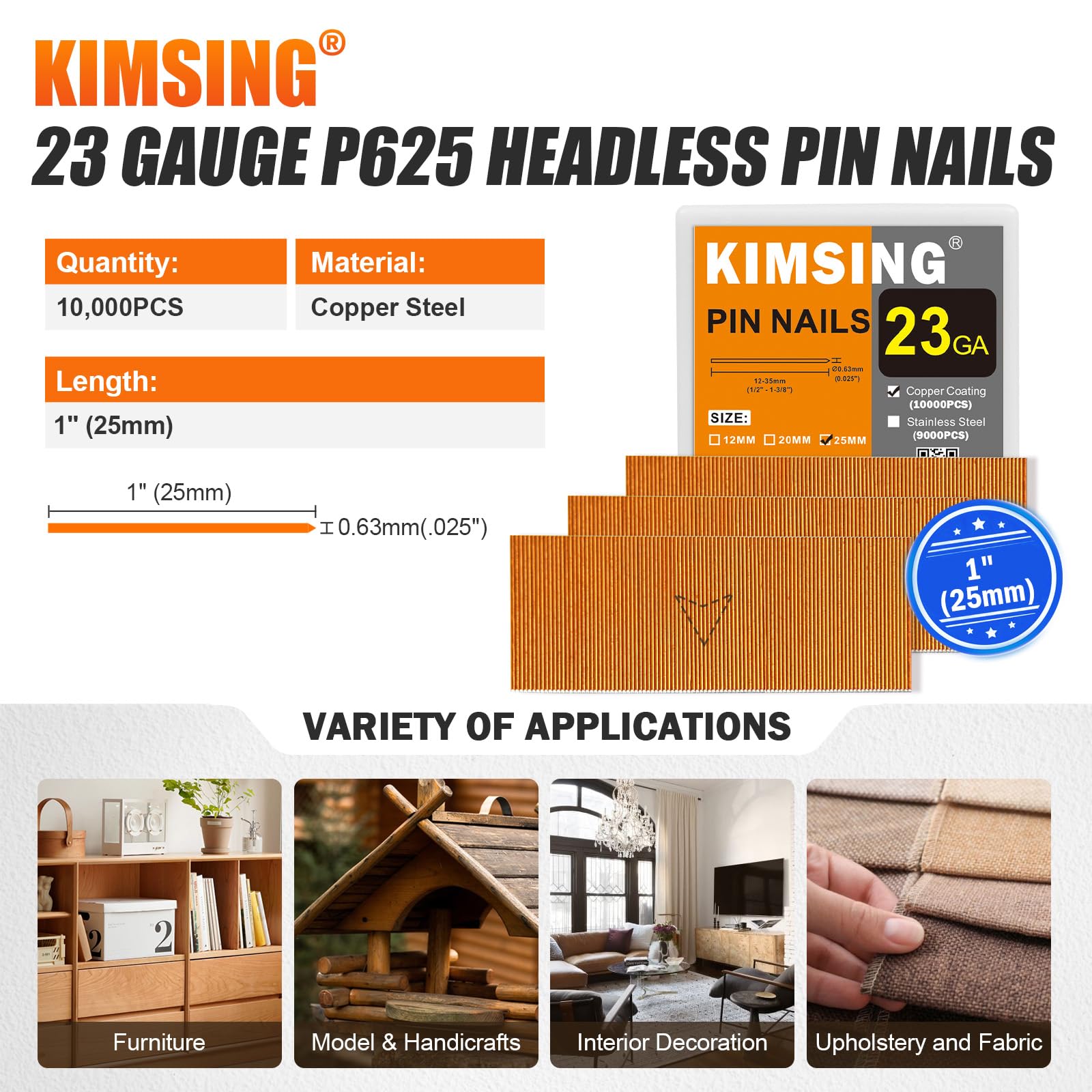 KIMSING Lot de 10 000 micro-clous de calibre 23 sans tête de 25 mm pour cloueuse pneumatique et goupille pneumatique pour meubles (P625)