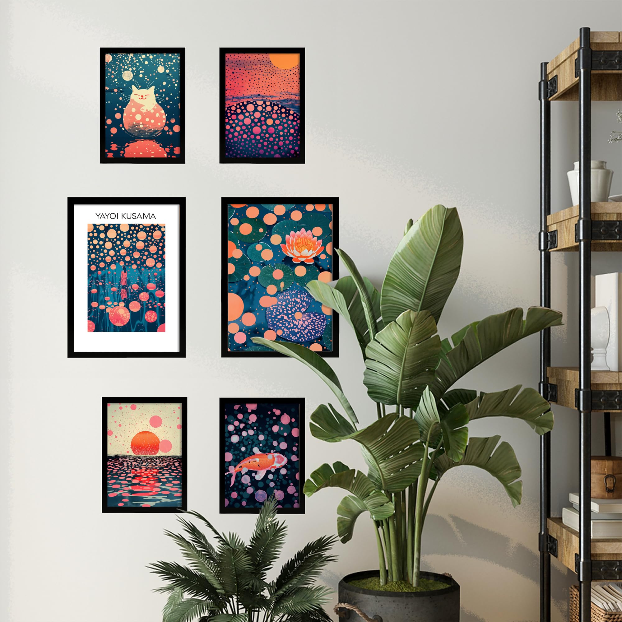 Nacnic 6er-Set Yayoi Kusama Sonnenuntergang Wasser Blau Orange Rot Lila Farben Janapise Gerahmtes Poster mit Design-Illustrationen zur Dekoration der Wände Ihres Zuhause im A3 A4 Schwarzer Rahmen