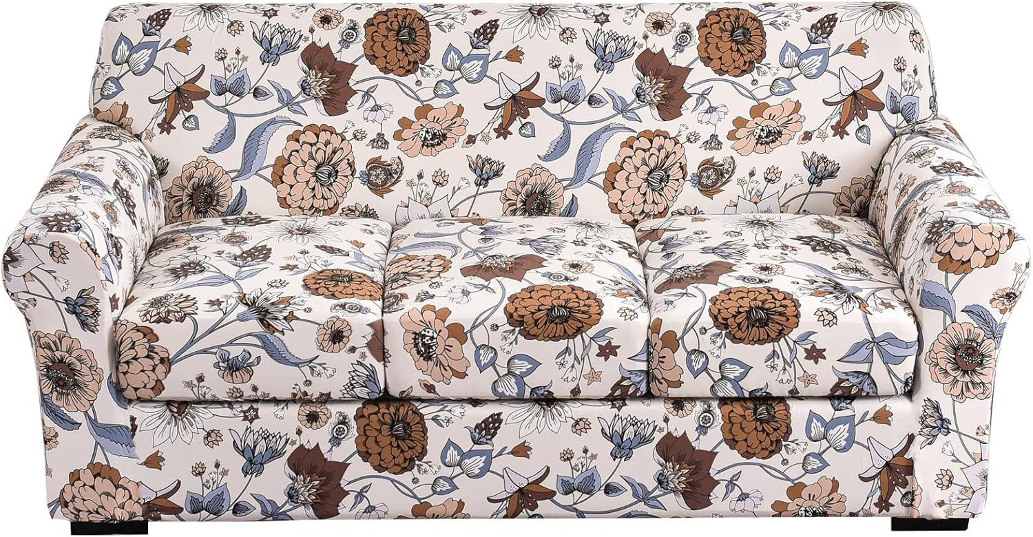 JIAN YA NA 4 Piece Stretch Sofa Slipcover for 3 Cushion Couch, Floral Printed Couch Cover with Individual Cushion Covers, Elastic Soft Sofa Cover Furniture Protector for Living Room (Large, Flower-A)