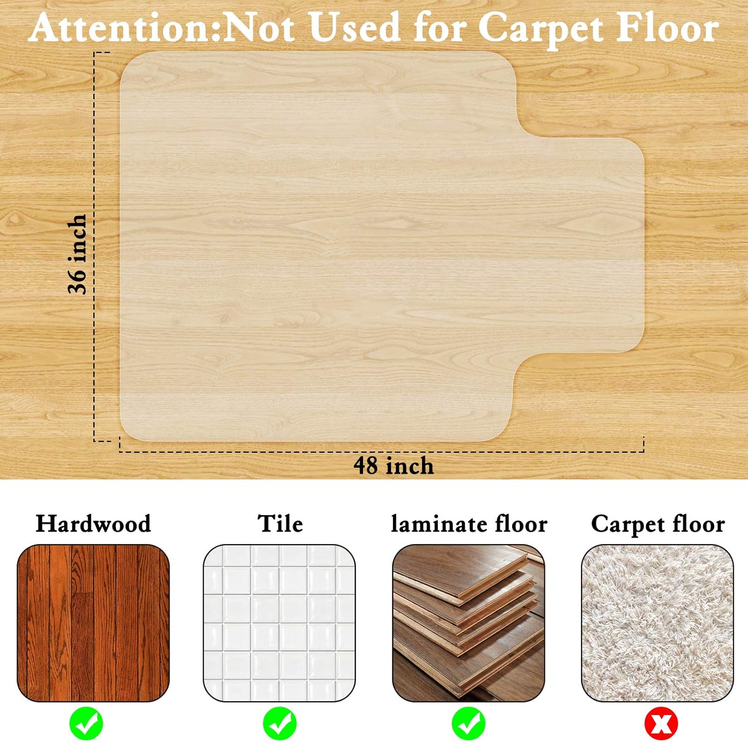 Office Chair Mat for Hardwood Floor - 36 x 48 inches Transparent Floor Mat for Computer Desk, Easy to Clean and Flat Without Curling (36" X 48" with Lip) : Everything Else