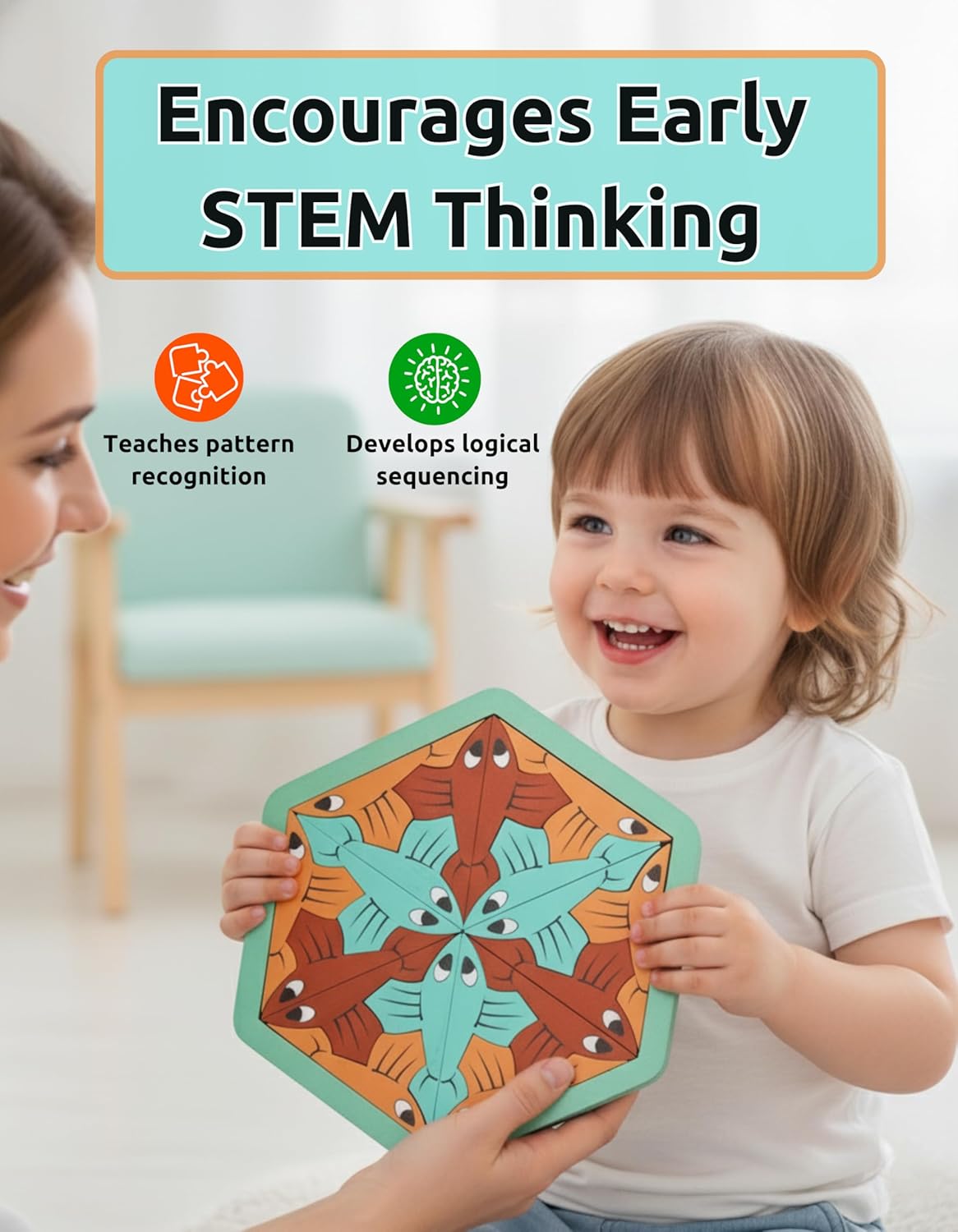 Wooden Goldfish Puzzle for Kids 3+ Years, 19-Piece Chunky Jigsaw Brain Teaser, Montessori Educational STEM Toy, Hexagonal Tray, Non-Toxic Solid Wood, Screen-Free Learning Gift for Toddlers Boys Girls