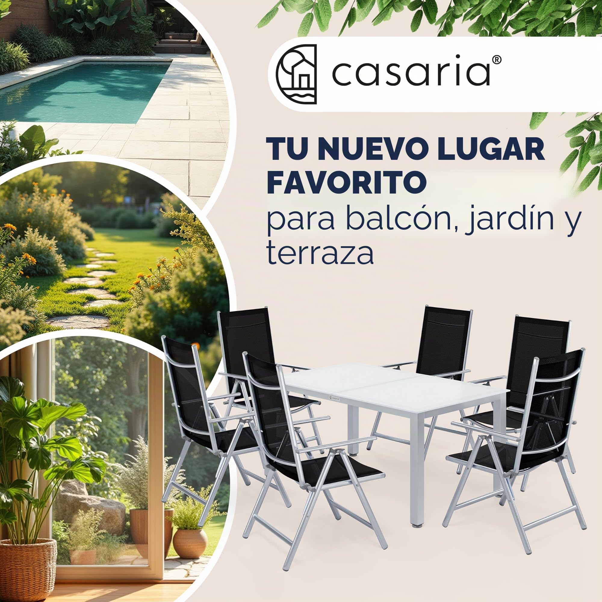 CASARIA Comedor de Jardín Bern 6+1 Aluminio 1 Mesa 150x90 y 6 Sillas Plegables 8 Posiciones Plata 7Pzs