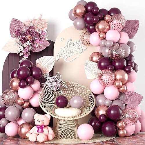 Burgundy Pink Balloon Garland Arch Kit, Burgundy Ruby Red Dusty Purple Pastel Pink Metallic Rose Gold Confetti Balloon Arch Kit for Women Girls
