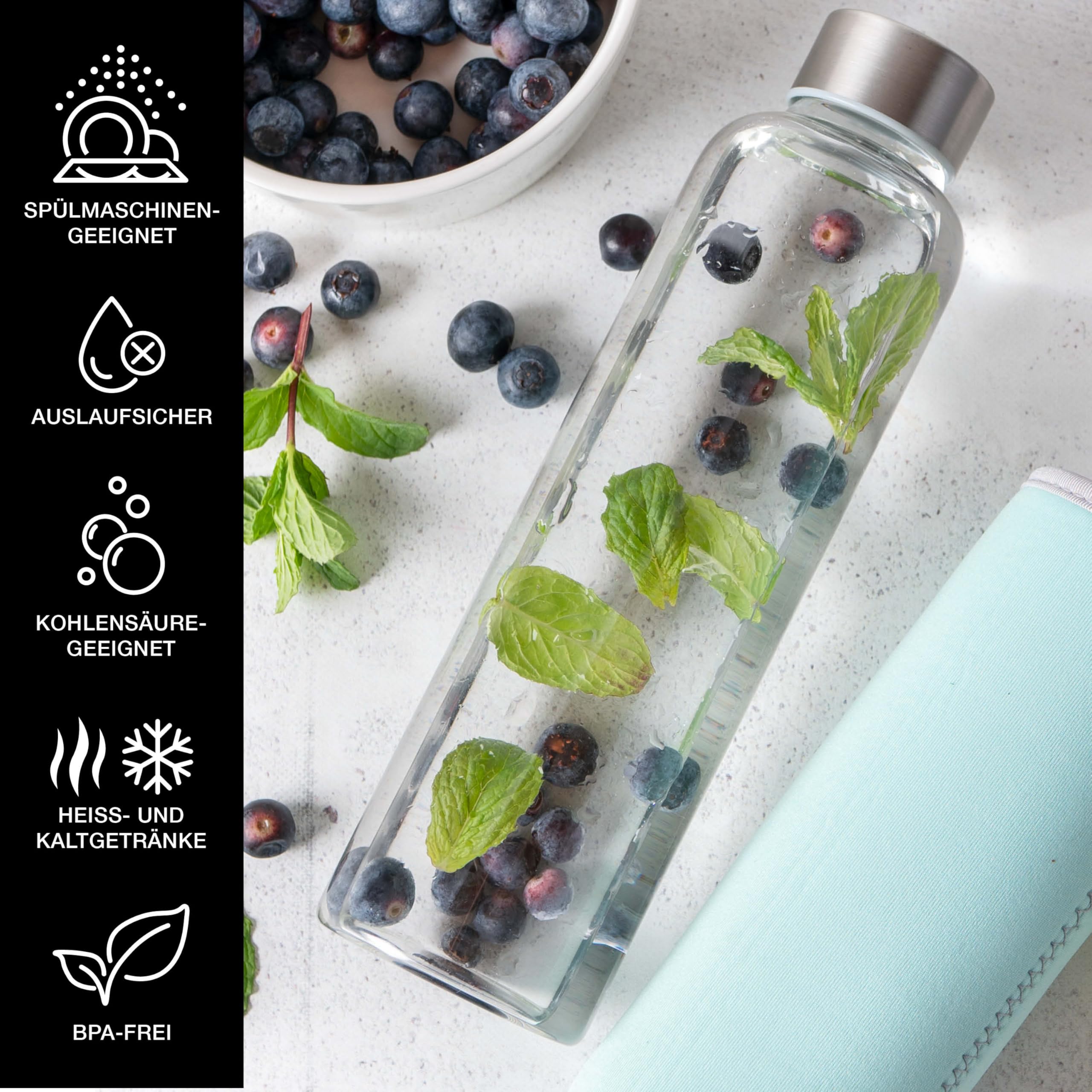 Moritz & Moritz Szklana butelka do picia 500 ml – nadaje się do napojów gazowanych i szczelna – szklana butelka do uprawiania sportu, szkoły, na uczelnię lub do pracy – z ochronną dwustronną poszewką
