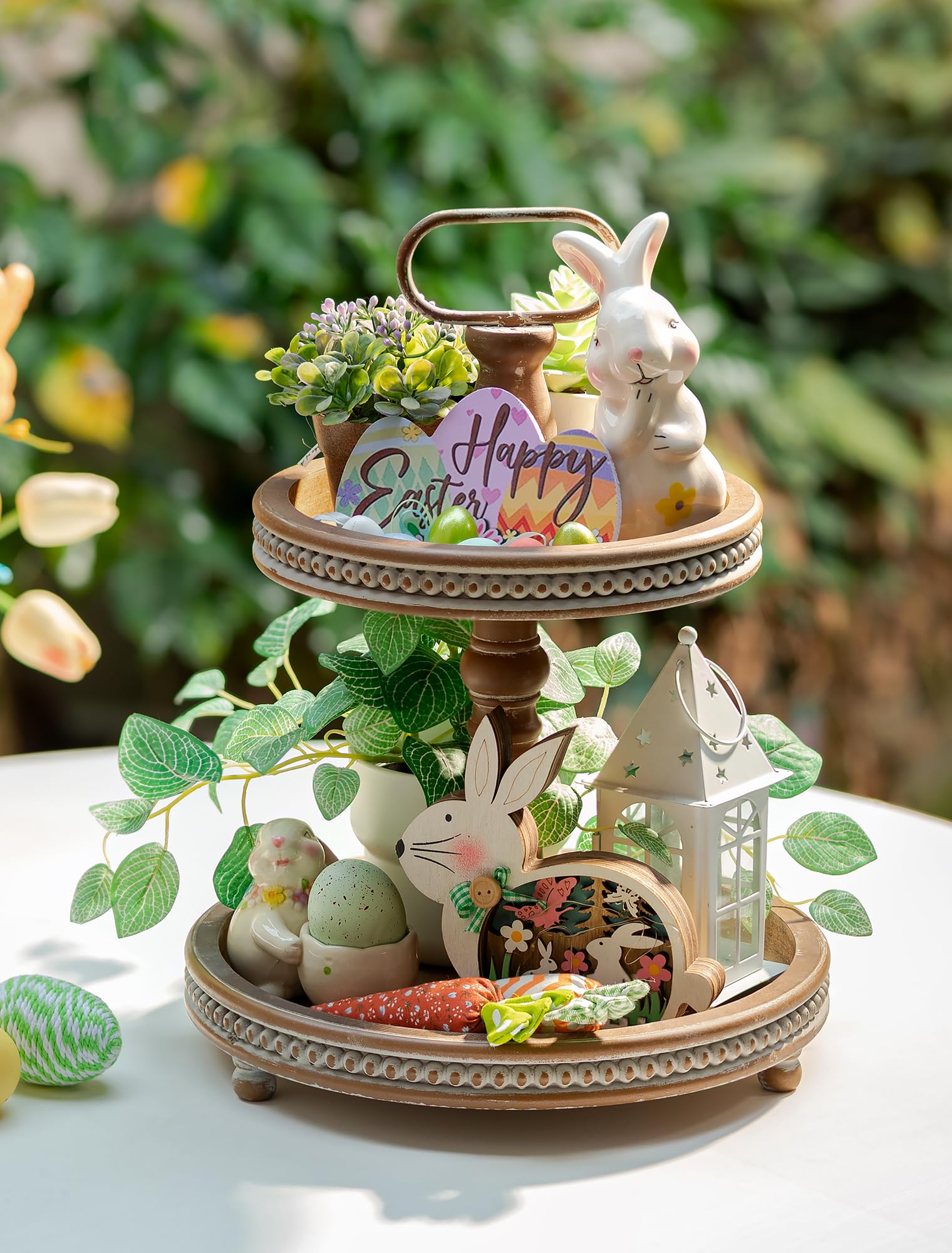 Hanobe Decoración de Bandeja escalonada de Granja: Soporte de Madera de 2 Niveles, Dos bandejas Decorativas para Servir, bandejas Redondas con Cuentas para baño, Cocina, Centro de Mesa, mostrador,
