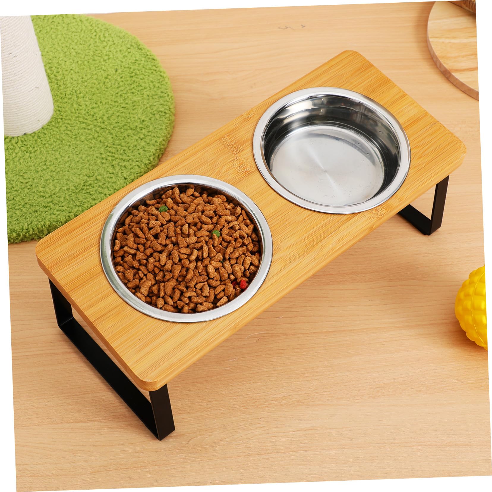 Ciotola per Gatti Rialzata con Doppie Vasche in Acciaio Inox | Supporto in Legno, Uso Indoor, Altezza Ergonomica, Adatta a Gatto e Cane Piccolo