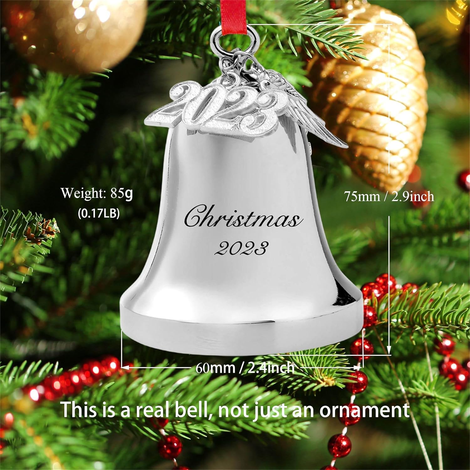 Christmas 2025 Bell Ornament with Snowflake Charm, Silver Metal Bell with Engraved The Sweetest Sounds are Shared, Red Ribbon (Silver) - Image 3