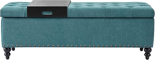 Miniatura 18 de HUIMO Banco otomano de almacenamiento de 51 pulgadas con bandeja extraíble, tela de mezcla de lino y algodón, botones acolchados, bisagra de Bandeja