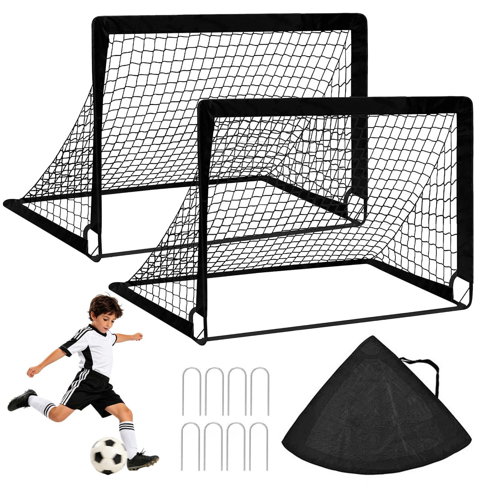 Porta da calcio per bambini, set da 2 porte Pop-up 90×120×90 cm, porte da calcio per giardino con aste rinforzate in fibra di vetro e reti di alta qualità per interno, esterno e giardino