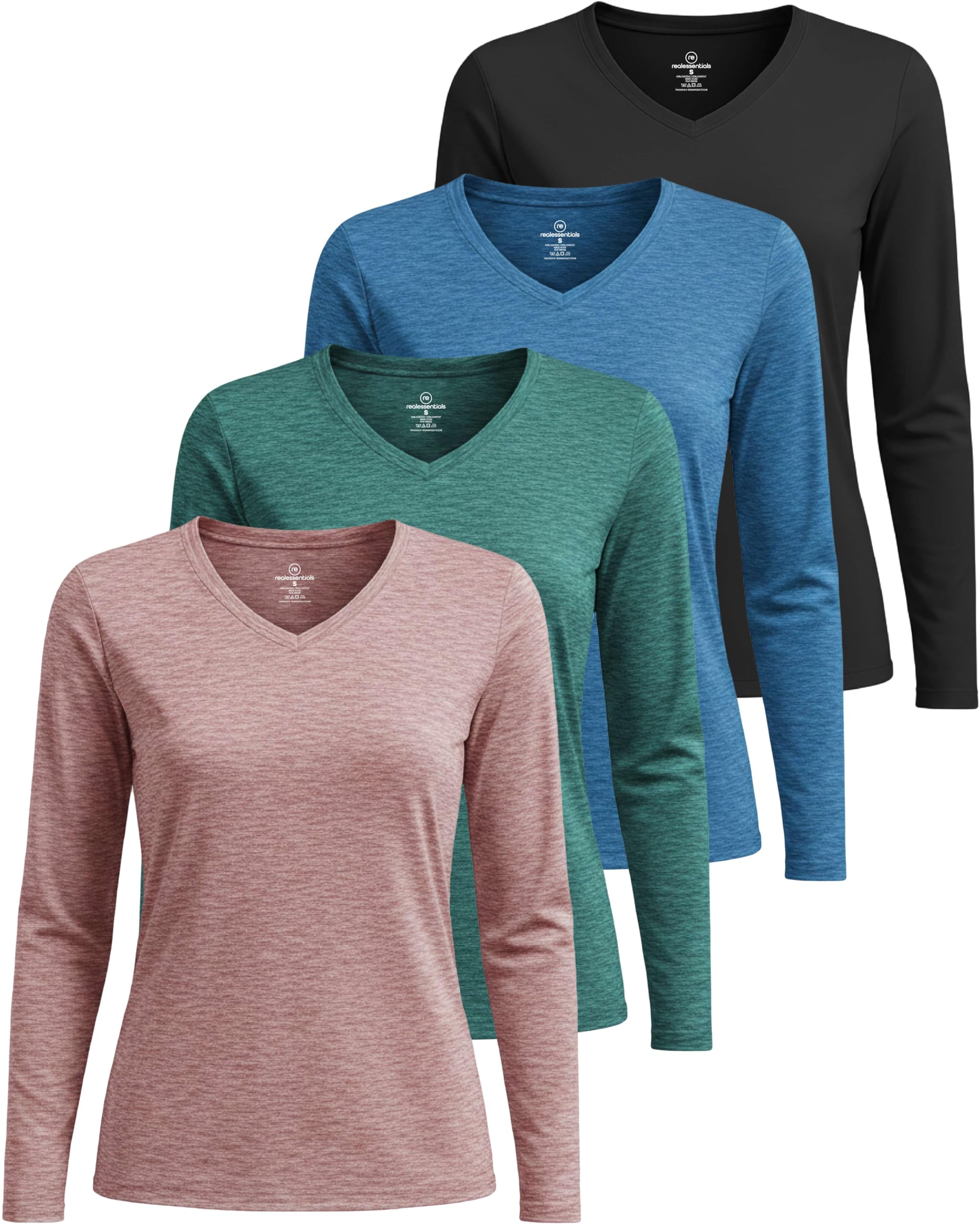 Real Essentials 4 Pack: Women's Long Sleeve Dry Fit V-Neck T-Shirt - Active Athletic Workout Gym Top (Plus Available)