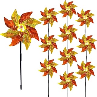 Jremreo 10-Pack 21-Inch Yellow Orange Reflective Pinwheels with Stakes - Bird Animal Repellent Wind Spinners for Garden Yard Lawn Farm