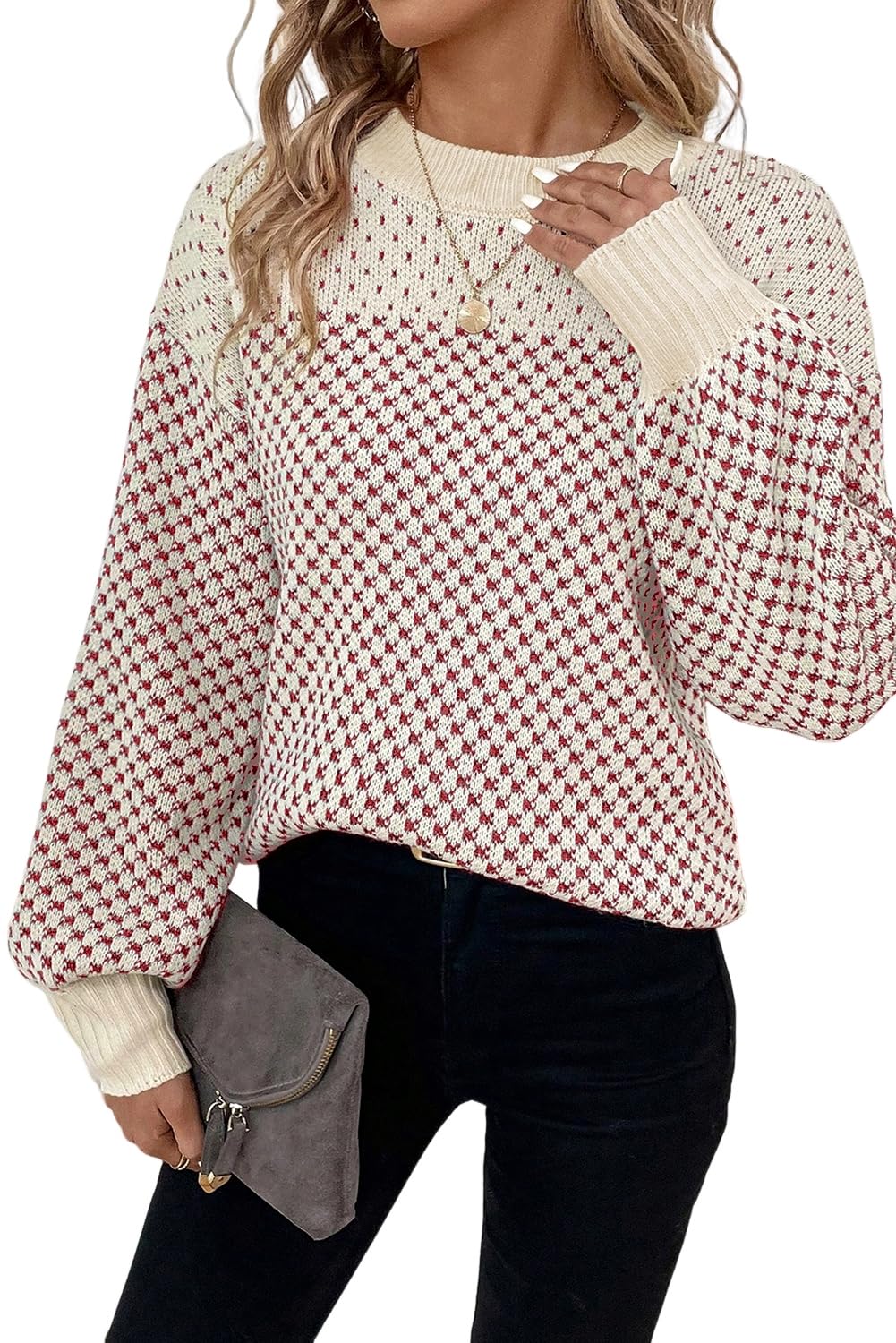 Womens Sweater 2025 Black Contrast Color Pattern Lantern Sleeve Sweater
