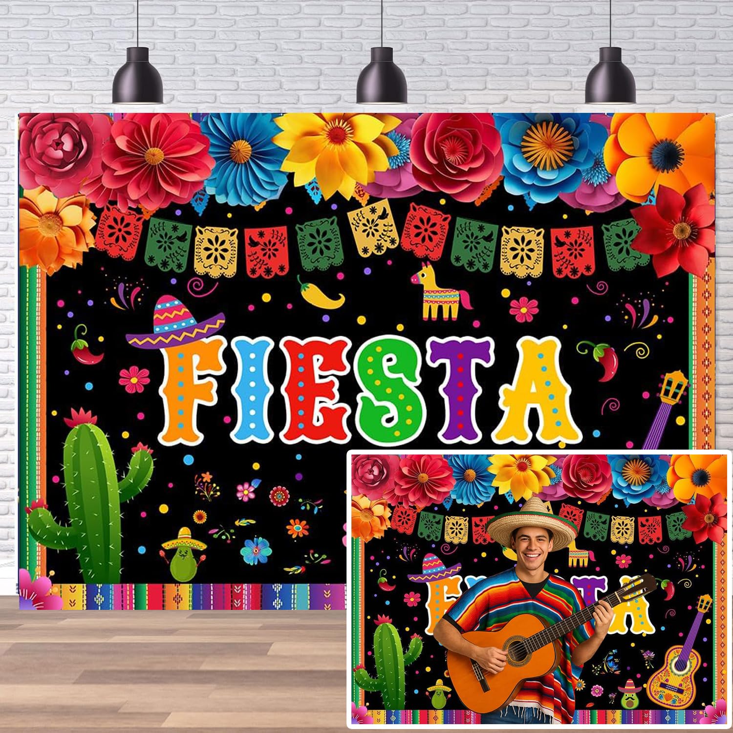 Dudaacvt Fiesta Backdrop 7x5ft Mexican Cinco de Mayo Party Decorations Black Colorful Fiesta Banner with Guitar Cactus Sombrero Avocado Papel Picado