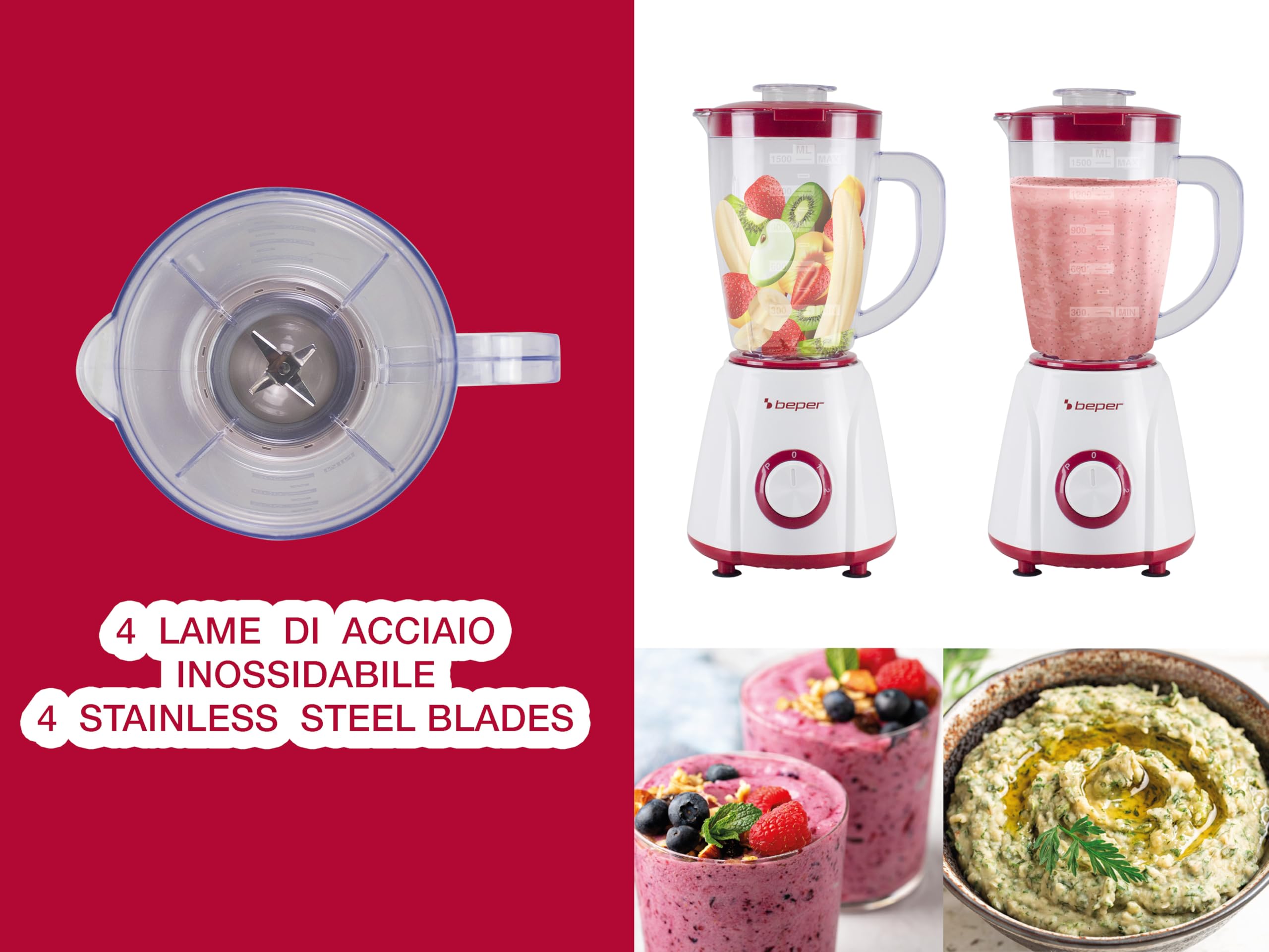 BEPER P102FRU501 Mixeur de table 1,5 L – 400 W, 4 lames en acier inoxydable, 2 vitesses + fonction Pulse, pichet gradué, couvercle avec trou, base antidérapante, idéal pour les crèmes et sauces