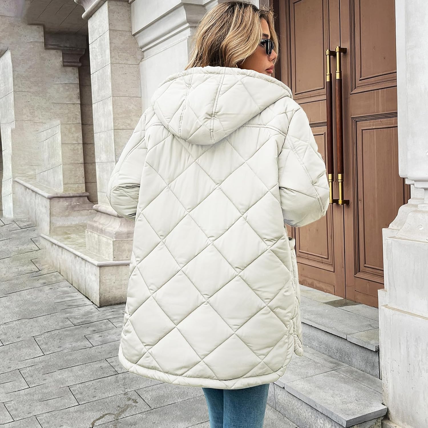 HOTIAN Womens Quilted Puffer Jackets Hooded Long Sleeve Full Zipper Casual Winter Lightweight Diamond Coats with Pockets - Image 2