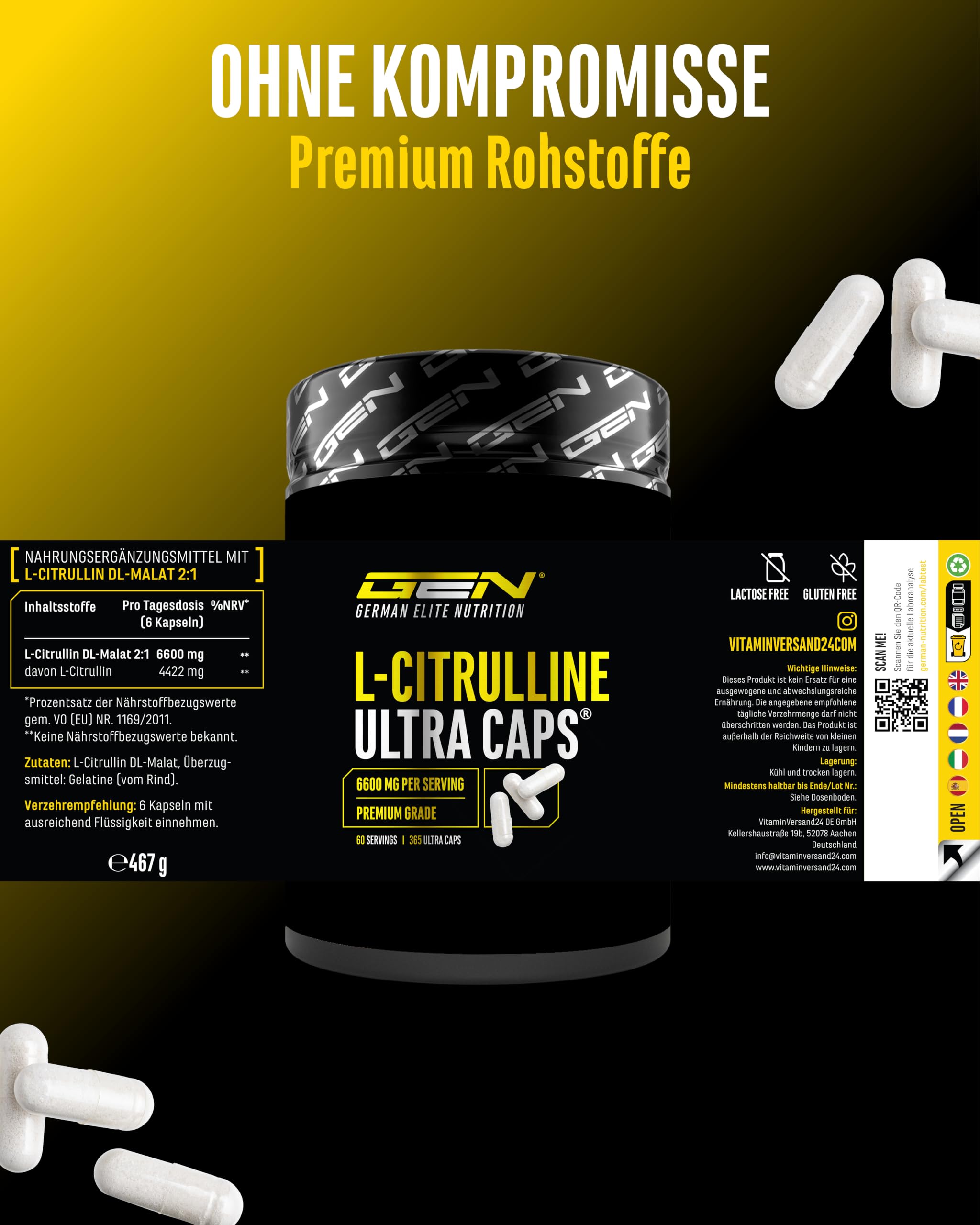 GEN GERMAN ELITE NUTRITION L-Citrullin Ultra Caps - 365 Kapseln - 1100 mg | DL-Malat 2:1, 6600 mg Tagesportion, 4422 mg L-Citrullin, pflanzliche Fermentation