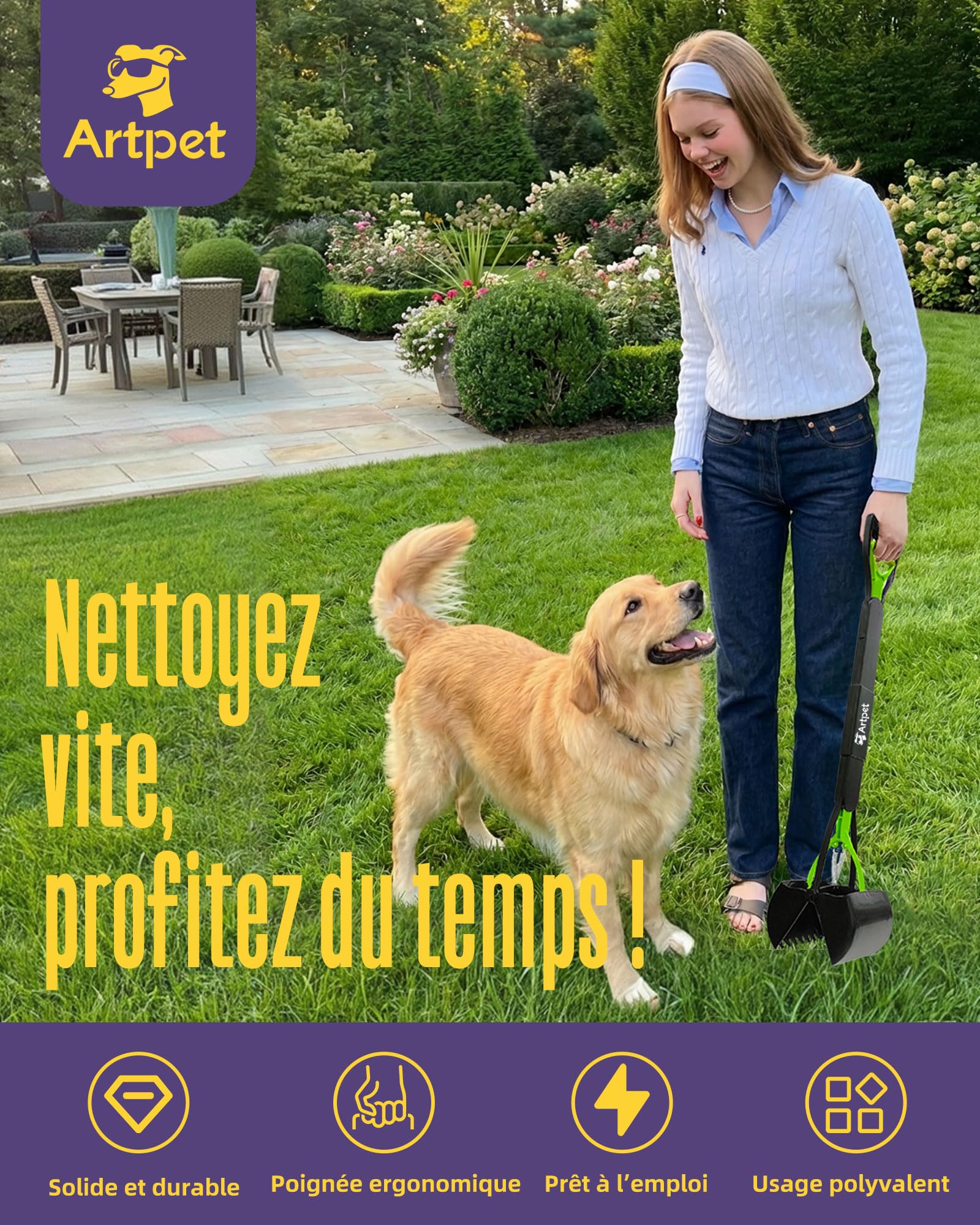 Pelle à déjections canines à manche long de 32 pouces pour le jardin – Robuste pour grands chiens, réduit la tension au dos, utilisation d’une seule main, fonctionne sur l’herbe et le béton