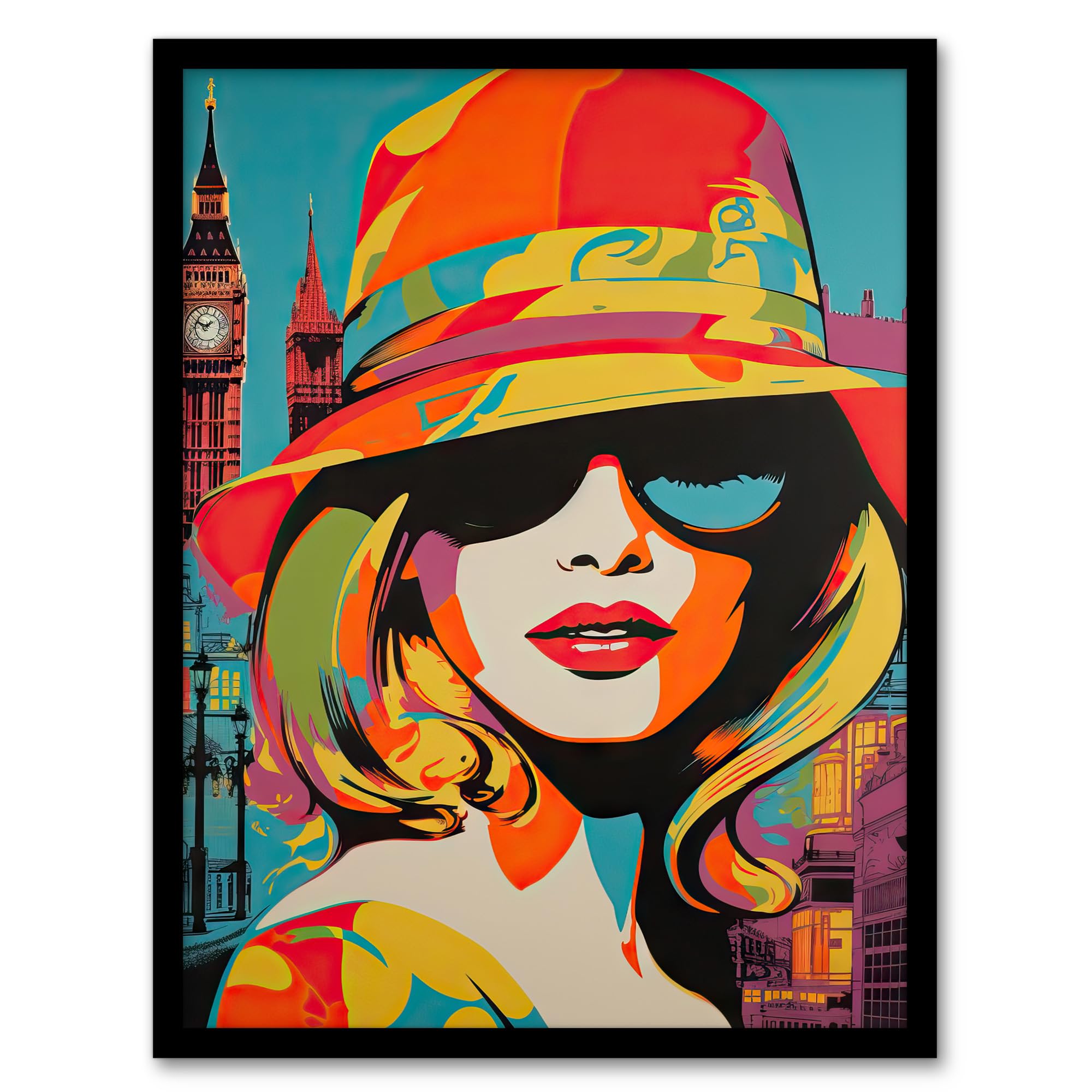 Artery8 1960s London Chic Retro Neon Orange Blue Woman Portrait With Big Ben Vibrant Bold Bright Colourful Painting Artwork Framed Wall Art Print A4
