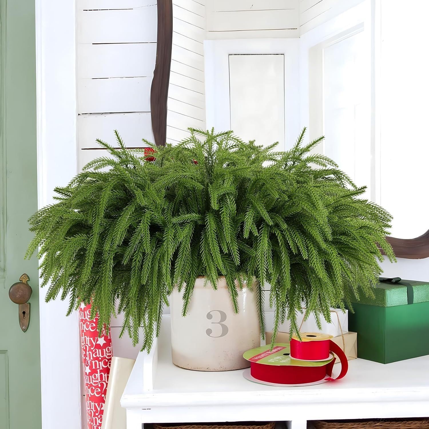 Wambere 10 Stück Norfolk-Kiefernzweige für Weihnachten Künstliche Tannenzweige Kiefernnadel Kiefernzweige Weihnachtszweig Weihnachtszeder Grünzweige für Vasenfüller Zuhause Büro Hochzeit,Grün