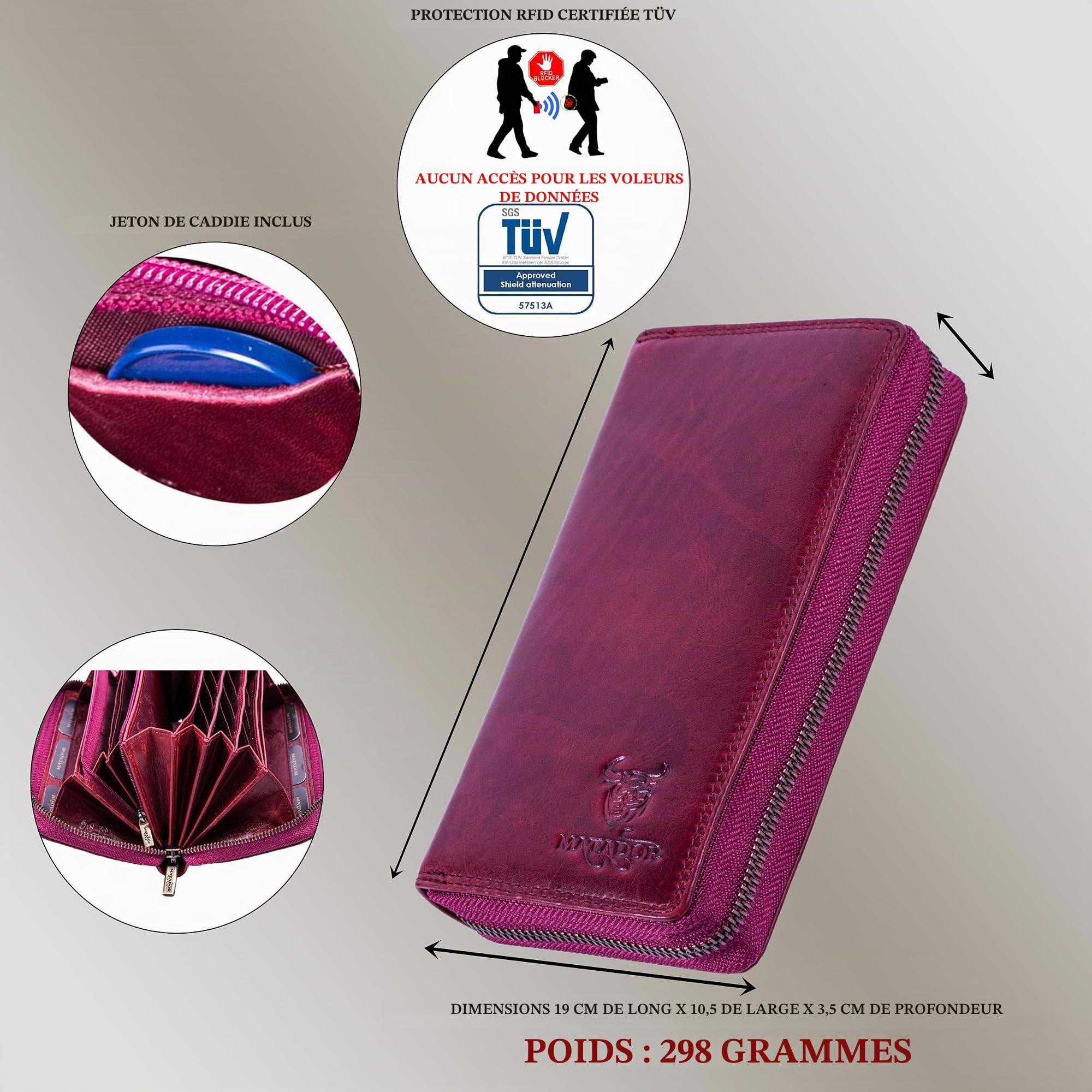 MATADOR Portefeuille en Cuir véritable pour Femme Compartiment Unique pour Cartes de crédit et Fermeture éclair en métal | Porte Monnaie avec Protection RFID certifiée TÜV et boîte Cadeau | Rose