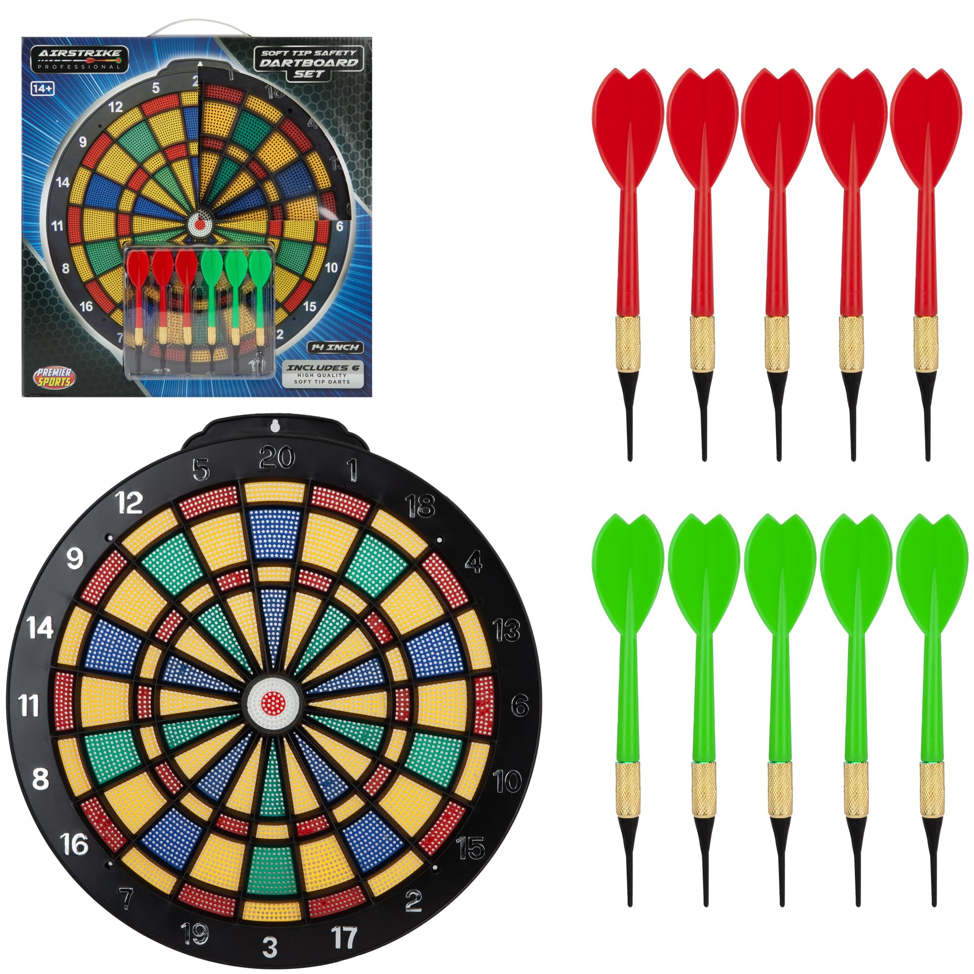PMS 14 Inch Soft Tip Dartboard Set – Plastic Tip Dart Board with 6 Darts & Spare Tips – Safe Indoor Game for Teens & Adults