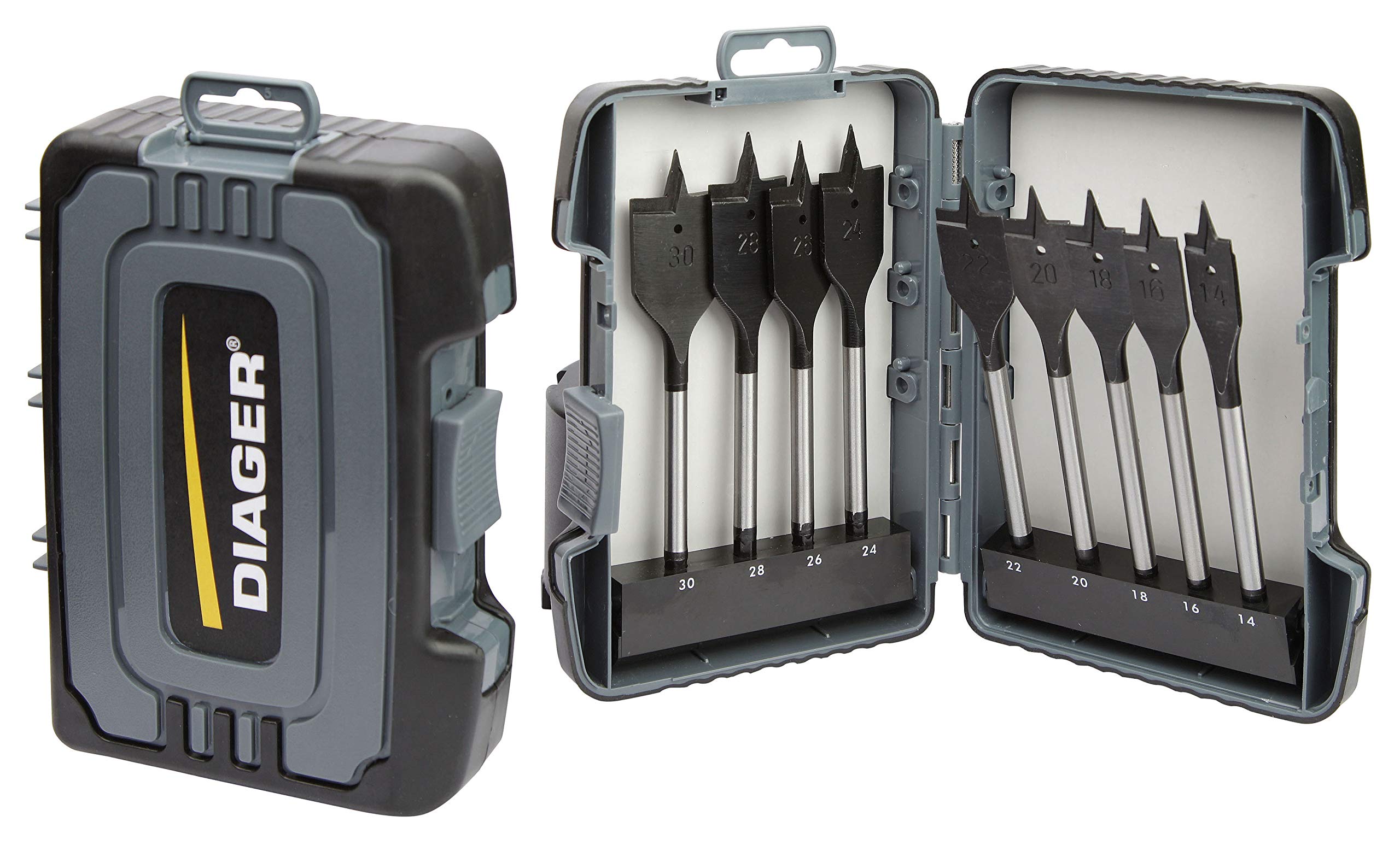 DiagerSet of 9 Quick-Lock Flat Drills Diameter 14-16-18-20-22-24-26-28-30 mm