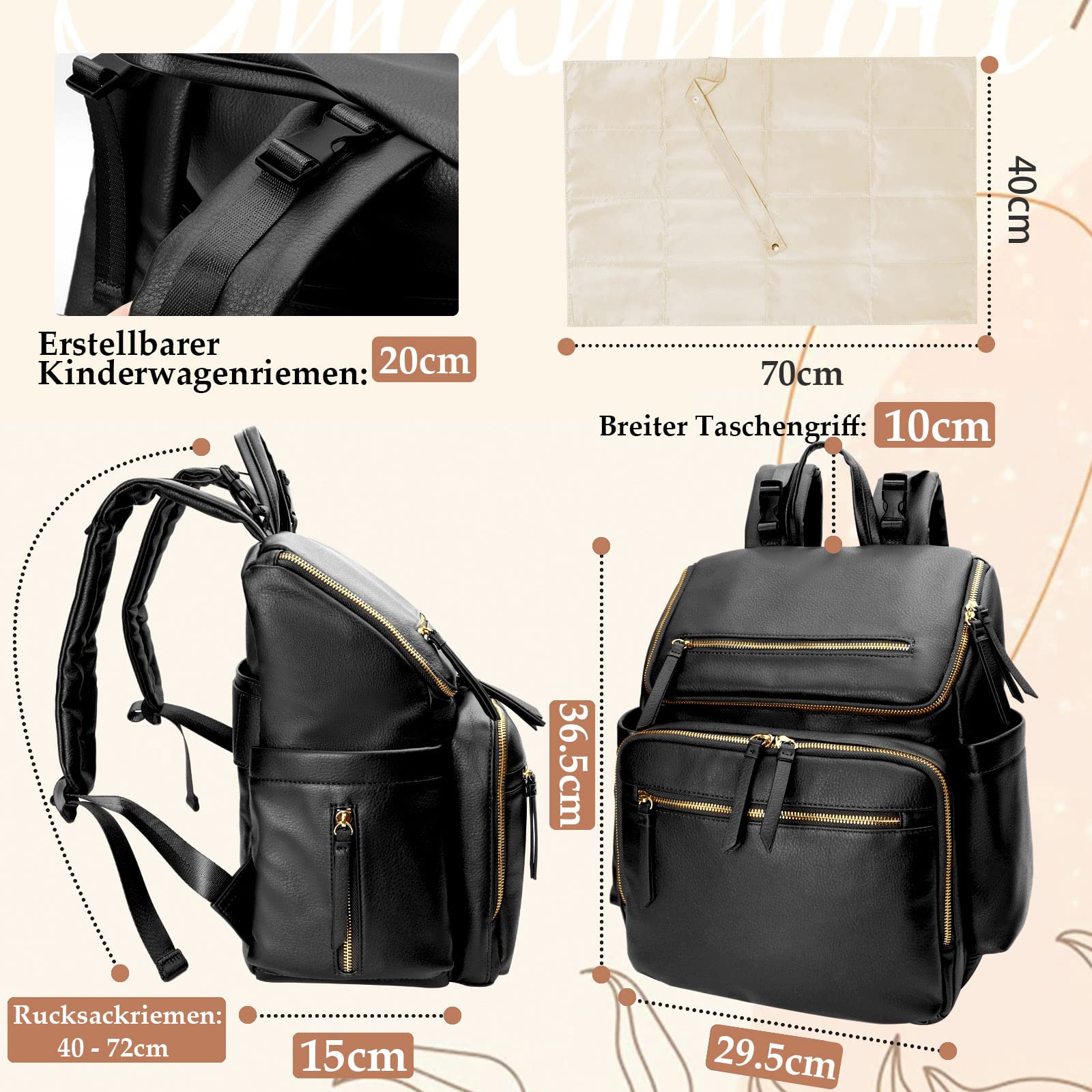 MISS FONG Baby Wickelrucksack Wickeltasche, Leder Wickelrucksack Groß Babytaschen Rucksack Lässig mit Multifunktions, 19 Wickeltasche Organizer, Wickelunterlage, Wickeltasch Kinderwagen Haken-Schwarz