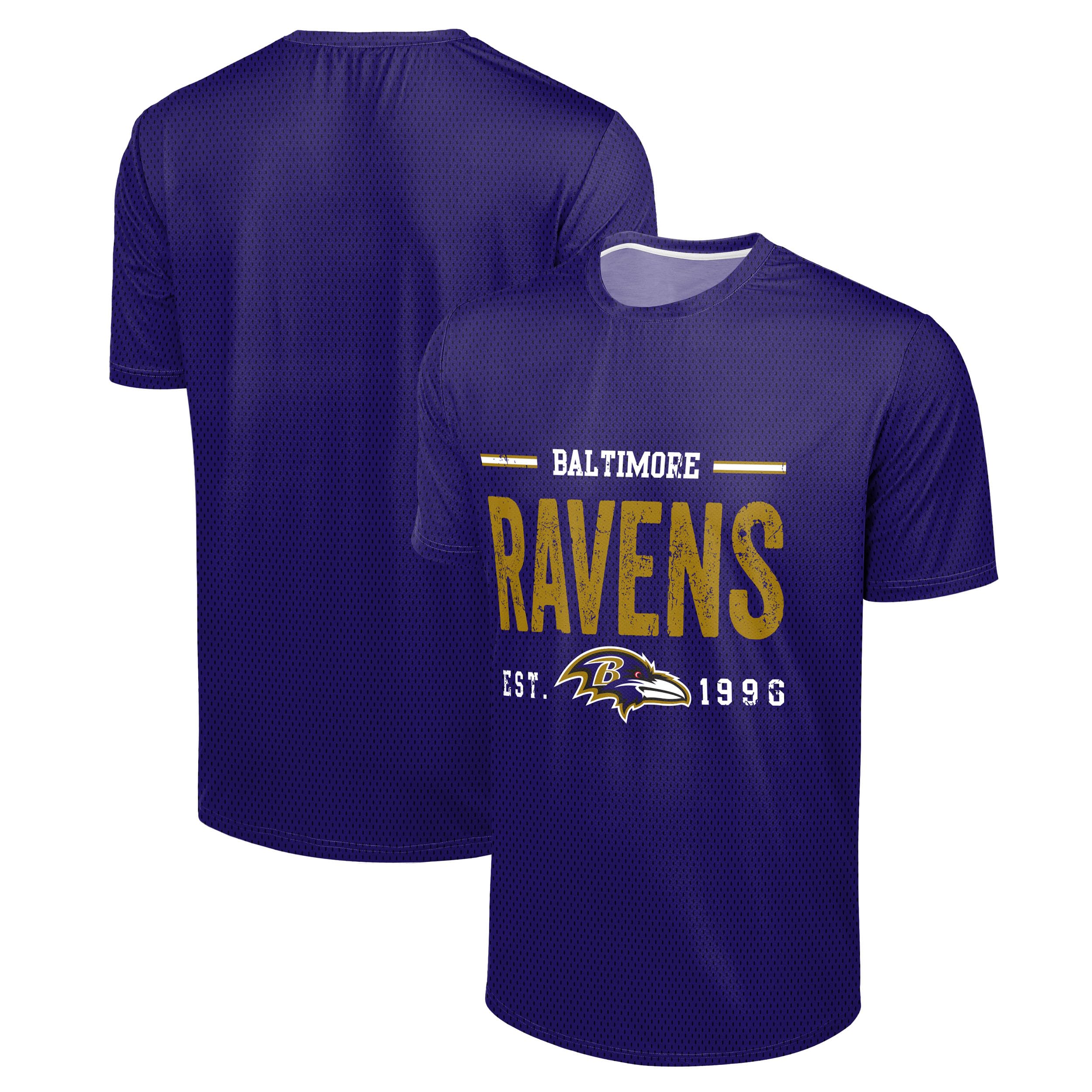 FOCO NFL Men's Officially Licensed Football Team Logo Wordmark Distressed Performance Team Color Crewneck T-Shirt, Baltimore Ravens - Purple, Medium