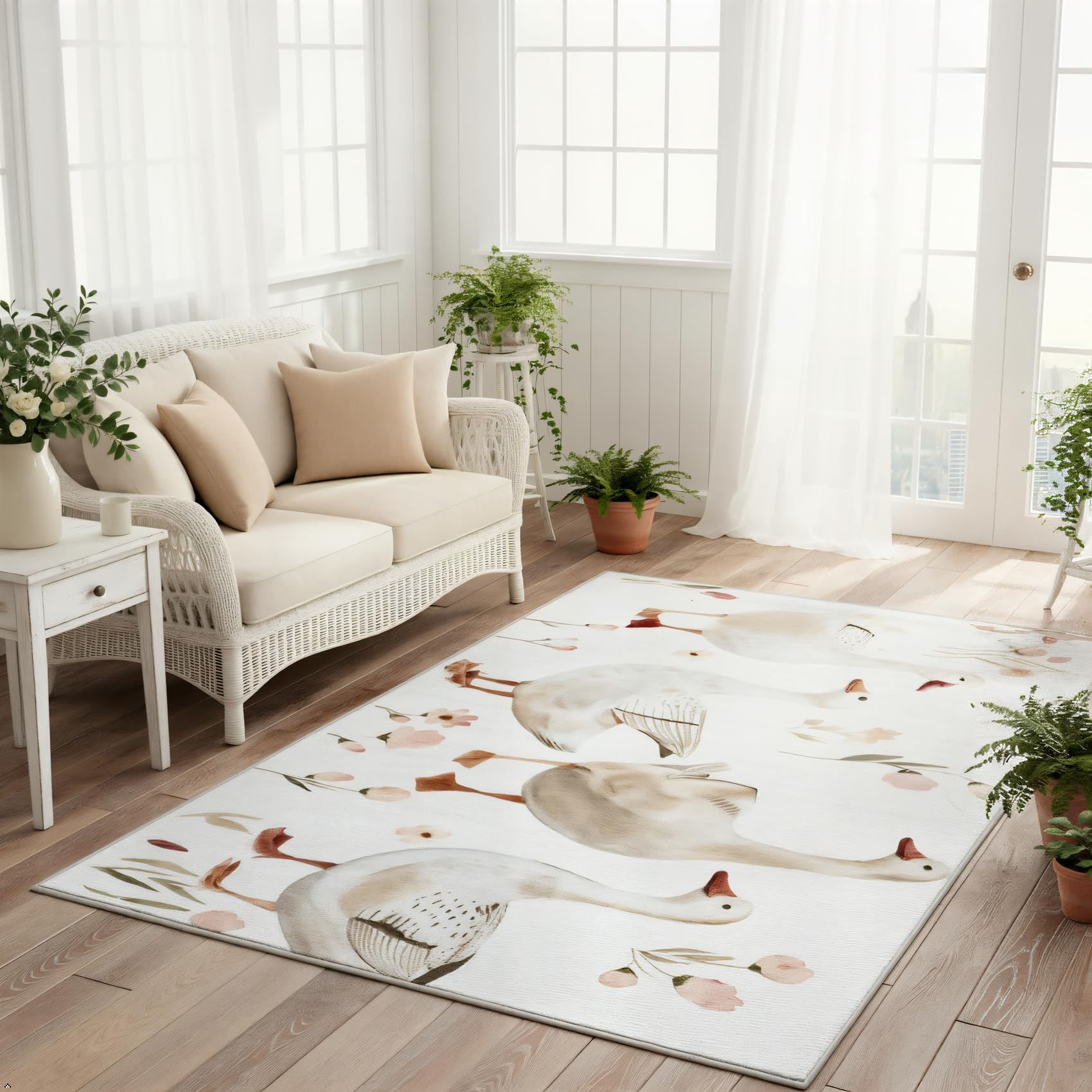 Cute Goose Area Rug for Nursery Kids Room - 5x7 Washable Cottagecore Rug - Watercolor Animal Farmhouse Carpet for Bedroom Playroom - Soft, Non-Slip,