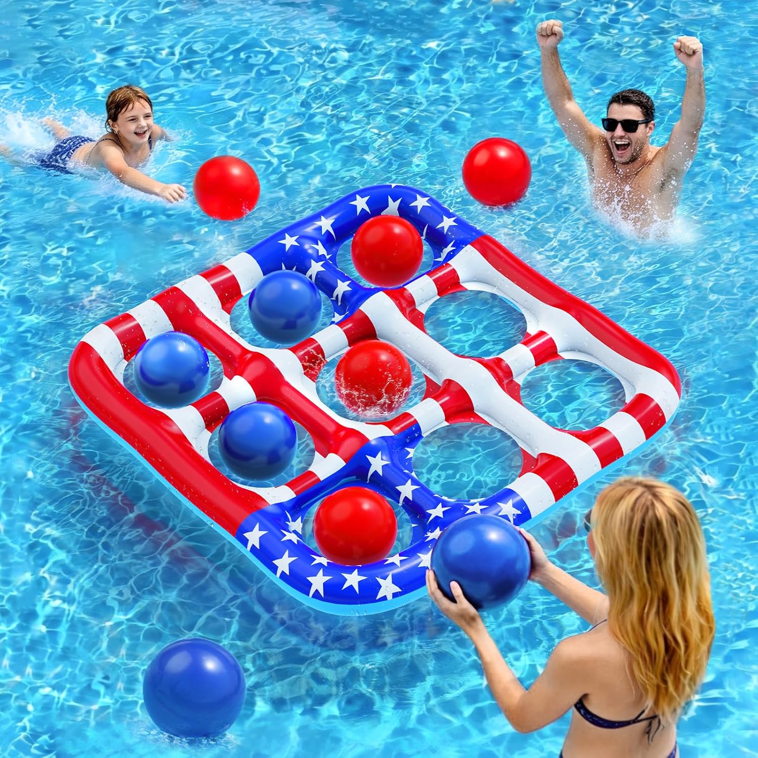 Pool Toys Games for Kids - Inflatable Outdoor Water Toys for Adults and Family Giant US Flag Floating Board Swimming Pool Game Float with 10 Balls Outdoor Beach Toy for Adults Teens Kids
