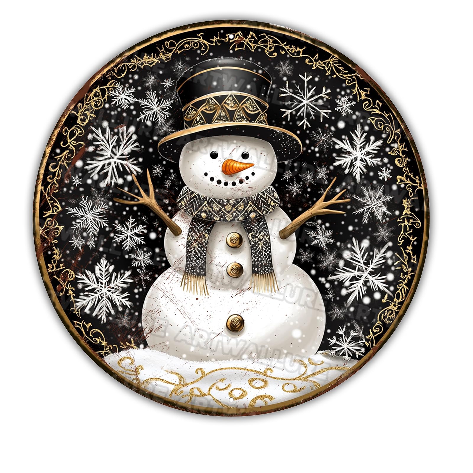 Black and White Snowman Christmas Wreath Round Metal Sign, Winter Wall Decor for Living Room Above Fireplace and Entryway Accent Wall 12x12Inch