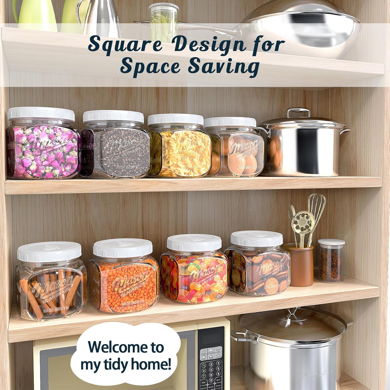 2 Pack Glass Cookie Jar with Airtight Lid, Half Gallon Mason Jar Wide Mouth for Food Storage, Flour, Sugar, Pasta, Sourdough - Square Glass Storage Containers with Marks, 64 Oz Canning Jars