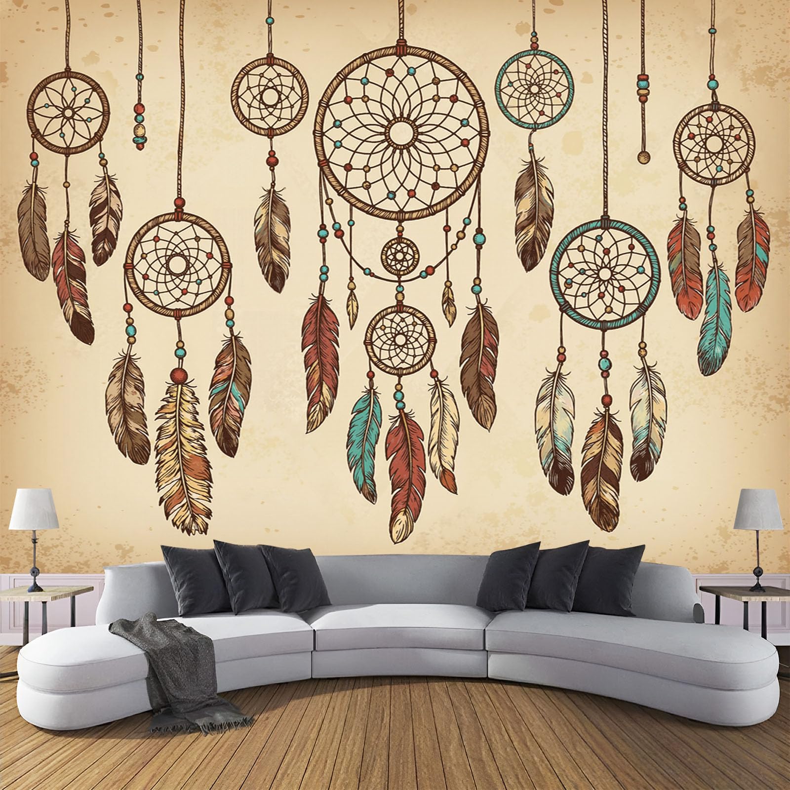 Traumfänger Federn Vlies Fototapete 250 x 175 cm - Retro Tribal Tapete Schlafzimmer Wohnzimmer, Braun Vliestapete Wanddeko Poster Kunst, Für TV Hintergrund Flur Büro wand Dekoration