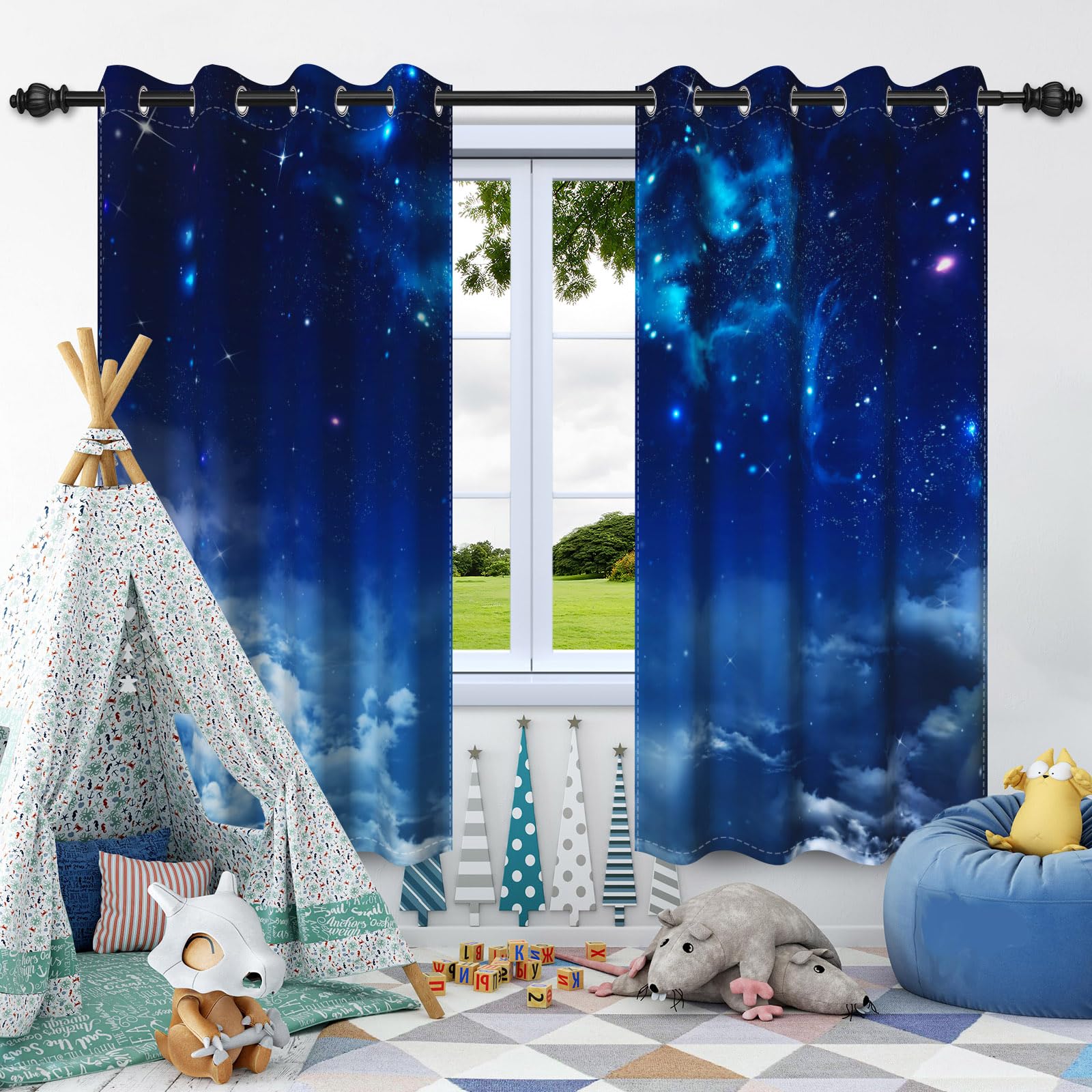 117x138cm Rideau à œillets Galaxy pour Chambre d'enfant Espace Nébuleuse Ciel étoilé Nuage Séparateurs de pièces Rideaux de fenêtre pour Garçons Filles Salle de Jeux Salon,2 Panneau