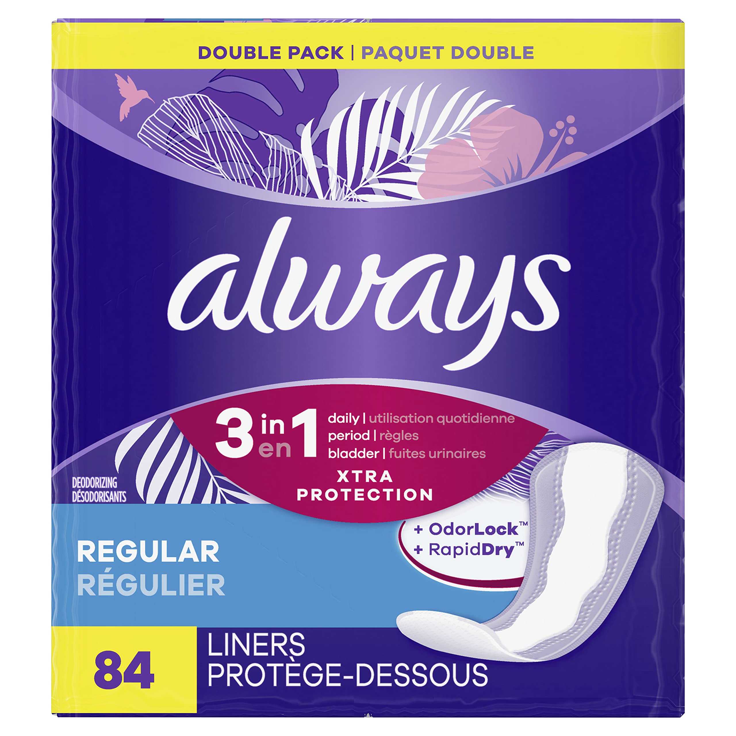 Always 3-in-1 Xtra Protection Daily Liners Regular Absorbency, 5x Drier Than Always Thin, 84 Count (