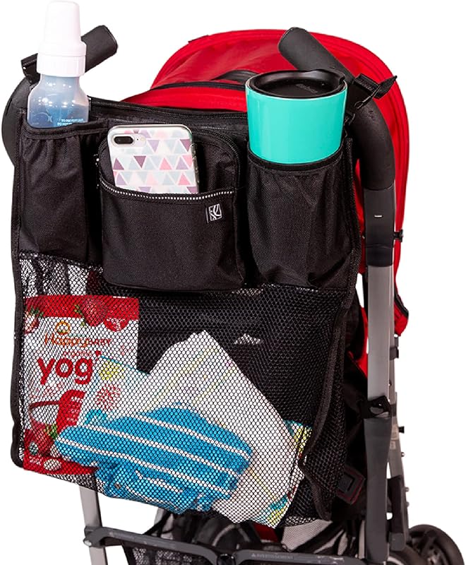 J.L. Childress Universal Cups N Cargo Stroller Organizer & Caddy, Black | Essential baby travel accessory with cup holders, large mesh storage pocket & zipper pocket fits UPPAbaby, Doona, Nuna & More
