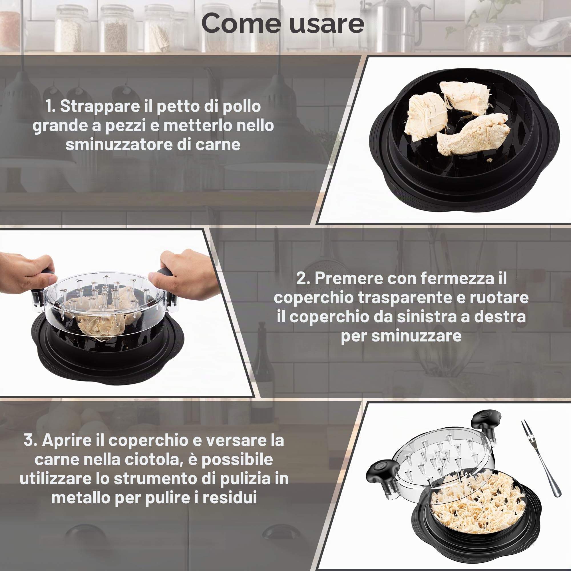 Trituratore di pollo grande con spazzola e forchetta – Tritapolli visibile con striscia antiscivolo, manico ergonomico, senza BPA, adatto per pollo, maiale e manzo (nero)