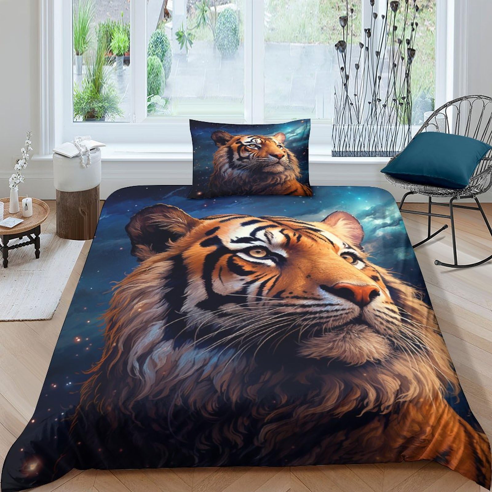 Fierce Tiger 3D Printed Bedding Set with Pillowcase,Animal Duvet Cover with Zipper Closure,Soft Microfiber Quilt Cover Single（135x200cm）