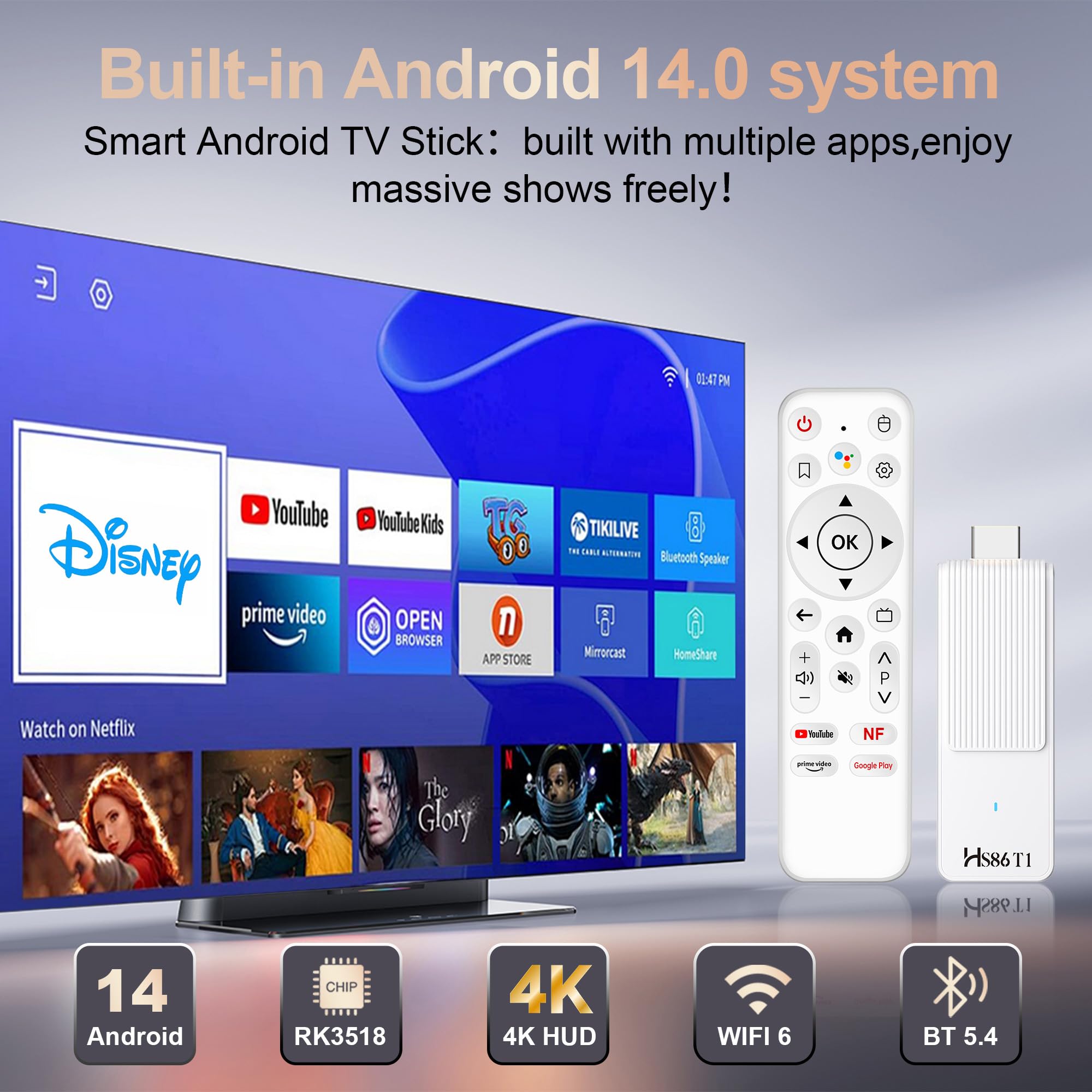 Android 14.0 TV Stick, con 2GB RAM e 16GB ROM, alimentato da chipset RK3518 Quad-Core 32bit Cortex-A53 e GPU Mali 450 MP2, supporta Wi-Fi dual-band 2.4G/5G, BT 5.4 e 4K Ultra HD