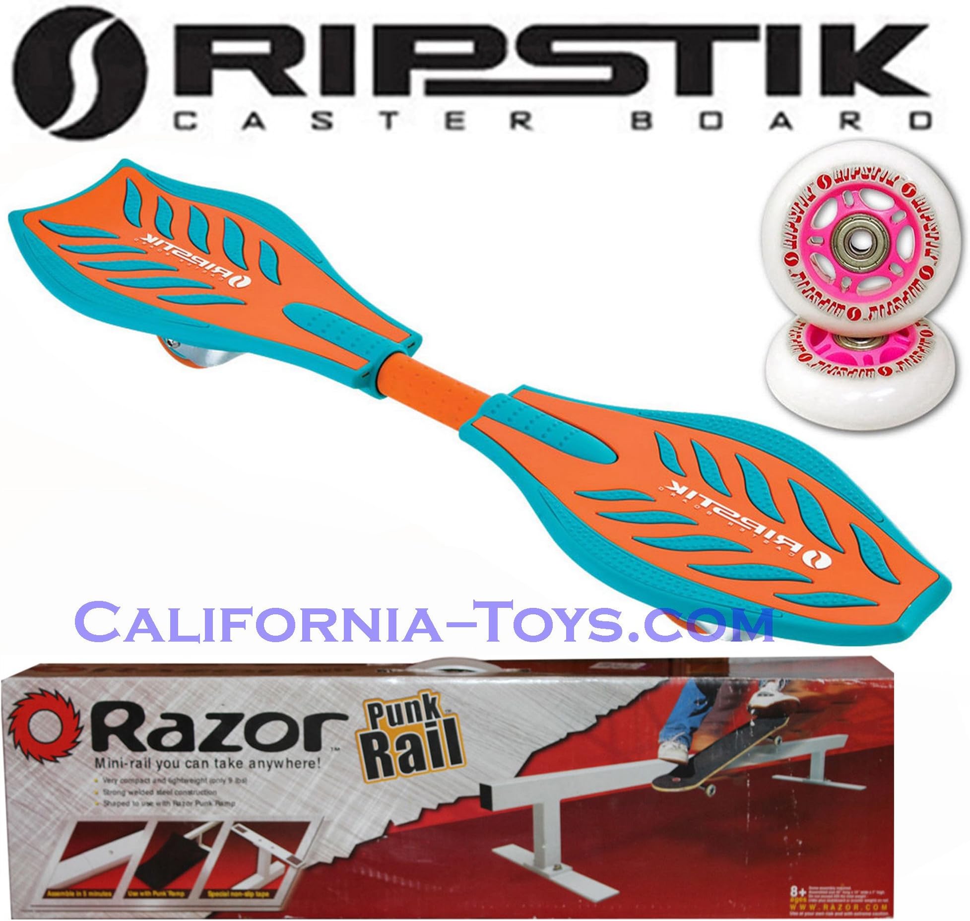 RipStik Green/Orange Brights Razor Castor Board with Punk Rail & Extra Set of 76mm Pink Replacement Wheels