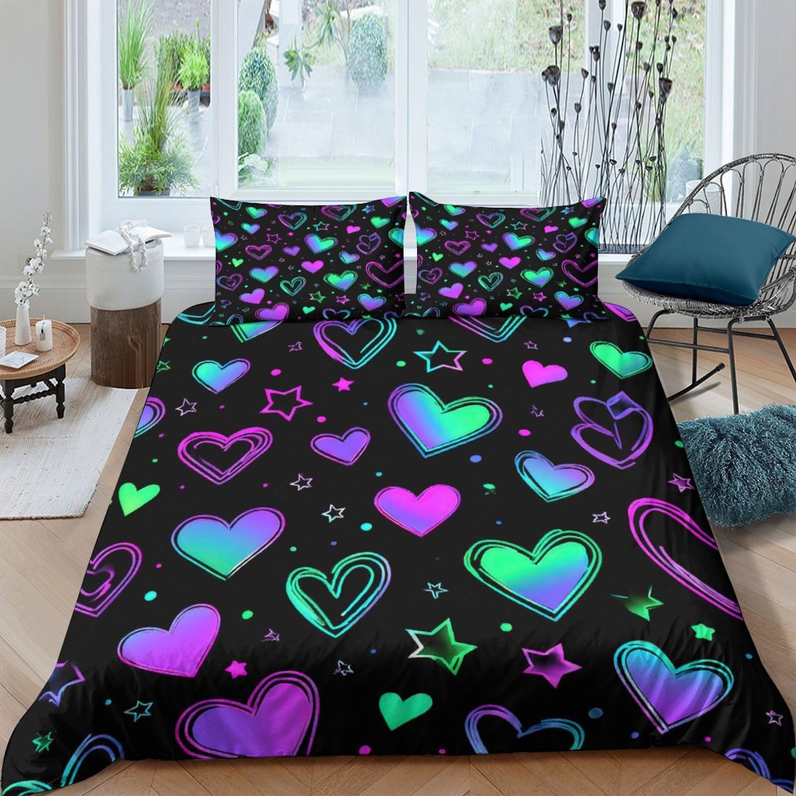 Ctjqhvkz Style-1 3D Printed Neon Heart Fitted Sheet Microfiber Soft Breathable Glow Star Mattress Cover Bedroom Decor Single（135X200cm）
