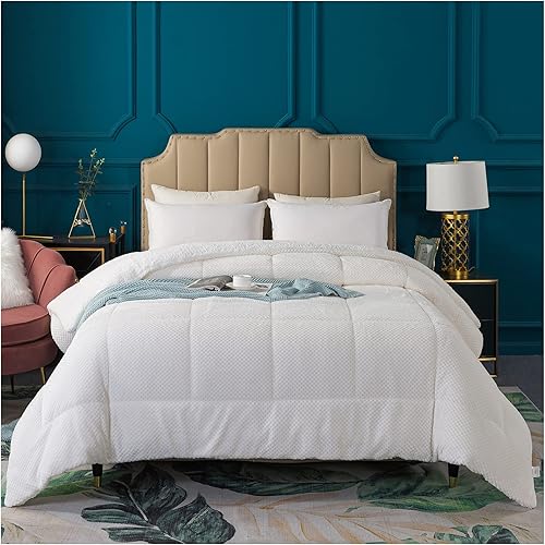 KASENTEX - Lujoso edredón de sherpa de pelo sintético, acogedora ropa de cama reversible apta para lavar a máquina, en color blanco brillante,