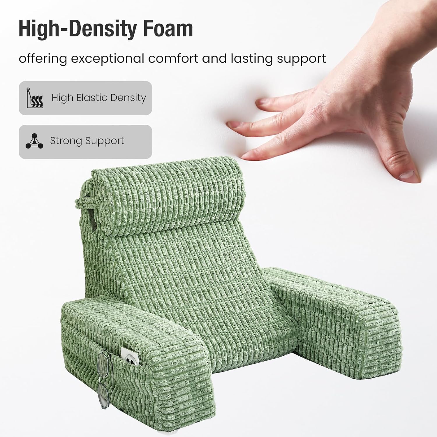 19" Reading Pillow for Bed with Built-in Arms & Large Pockets, Supportive Backrest Cushion for Reading, Resting, or Reclining, Washable Cover – Sage Green