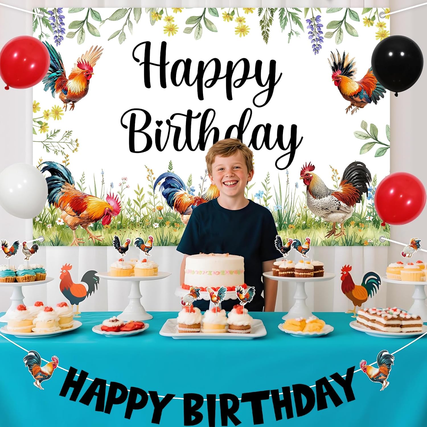 Rooster Birthday Decorations for Boys Girls - Rooster Happy Birthday Backdrop, Banner, Cake Topper Cupcake Toppers, Farm Animal Chick Barnyard Theme Party Supplies