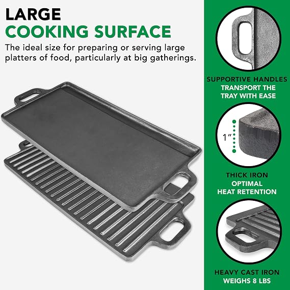 ProSource 2-in-1 Reversible 19.5 x 9 Cast Iron Griddle with Handles, Preseasoned & Non-Stick for Gas Stovetop, Oven and Open Fire.