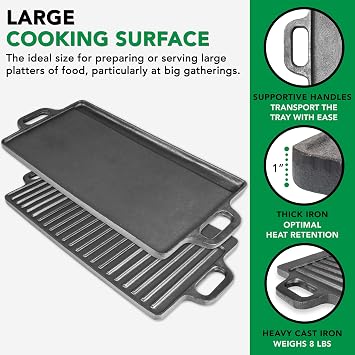 ProSource 2-in-1 Reversible 19.5 x 9 Cast Iron Griddle with Handles, Preseasoned & Non-Stick for Gas Stovetop, Oven and Open Fire.