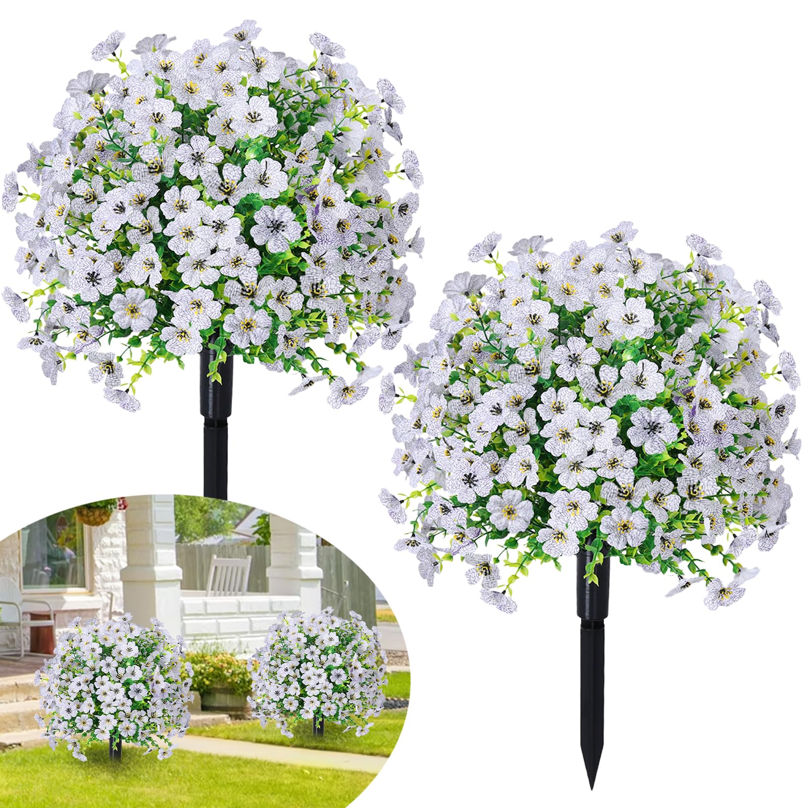 Fairblo 2Pcs Artificial Violet Topiary Balls Trees with Ground Spike 23.6in Artificial Trees Plants Outdoor UV Fade Resistant Fake Plants White Faux Violet Shrubs for Front Porch Patio Garden Home