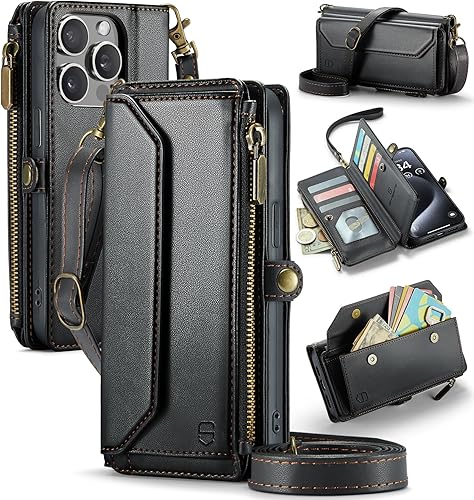 Funda tipo cartera cruzada compatible con iPhone 15 Pro Max con bloqueo RFID, soporte para 10 tarjetas, de piel sintética suave, cierre magnético,