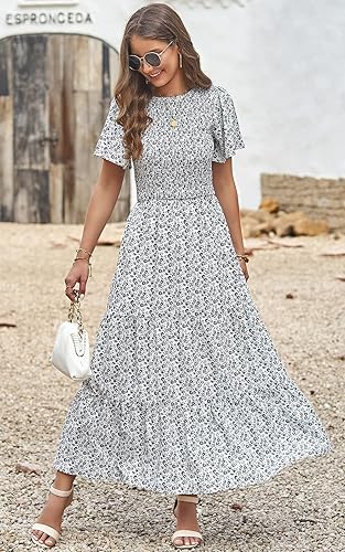 Miniatura 2 de PRETTYGARDEN Vestido largo casual de verano para mujer, de manga corta, bohemio, floral, cuello redondo, fruncido y escalonado