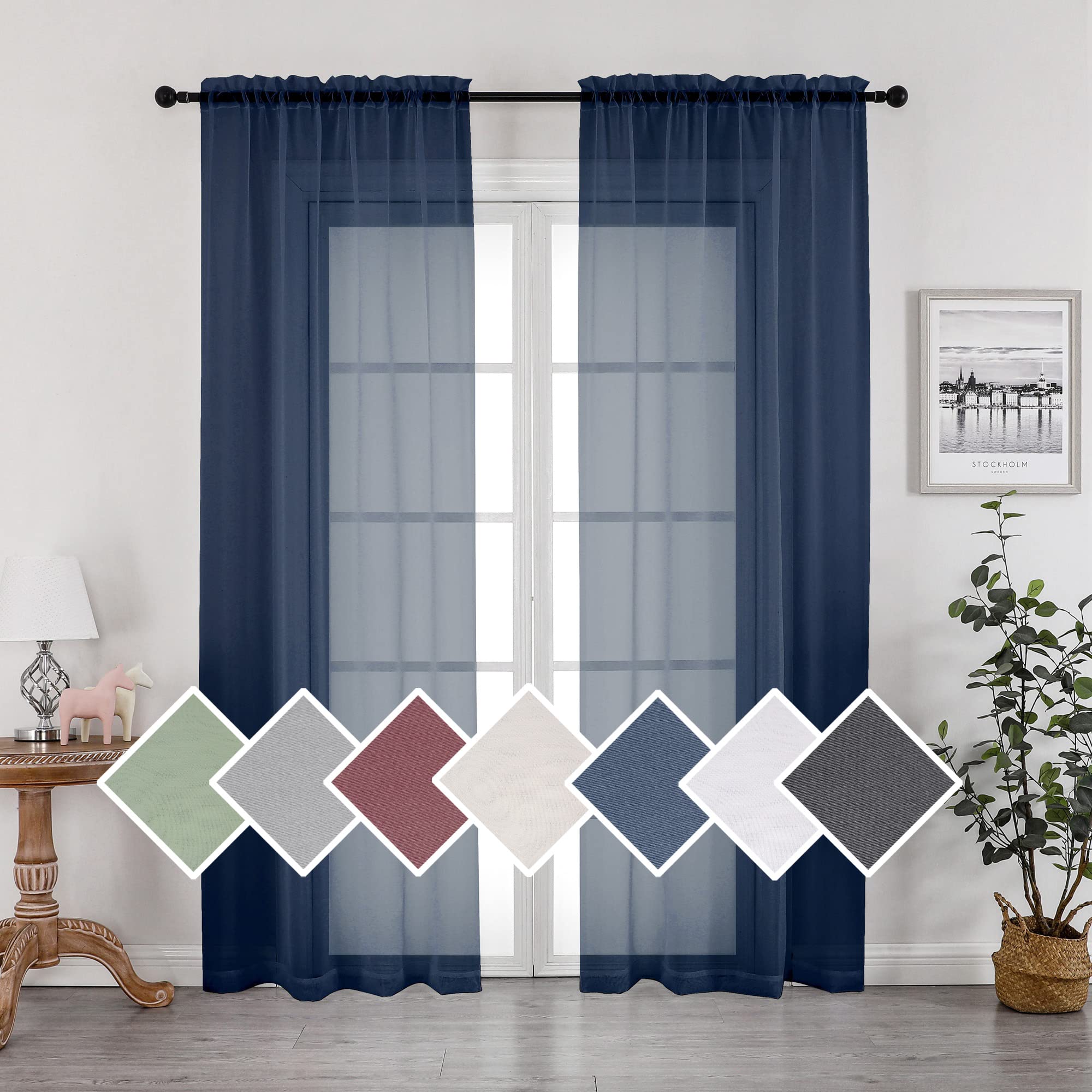 OVZME 2 Panels Sheer Navy Blue Curtains 72 Inches Length Window Treatment for Kitchen, Elegant Airy Transparent Curtain Draperies Rod Pocket for Kids